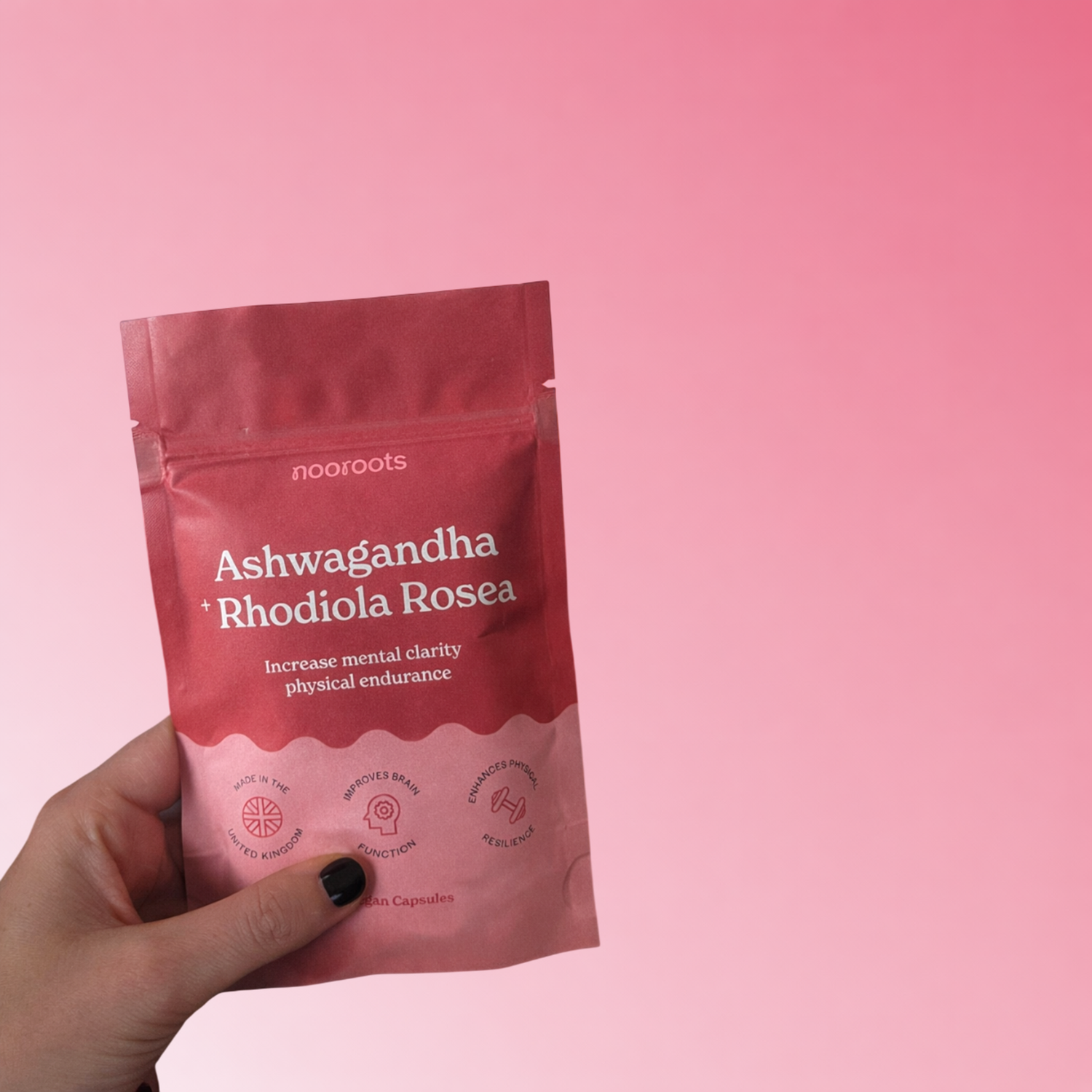 Women holding nooroots ashwagandha and rhodiola rosea nootropic supplement