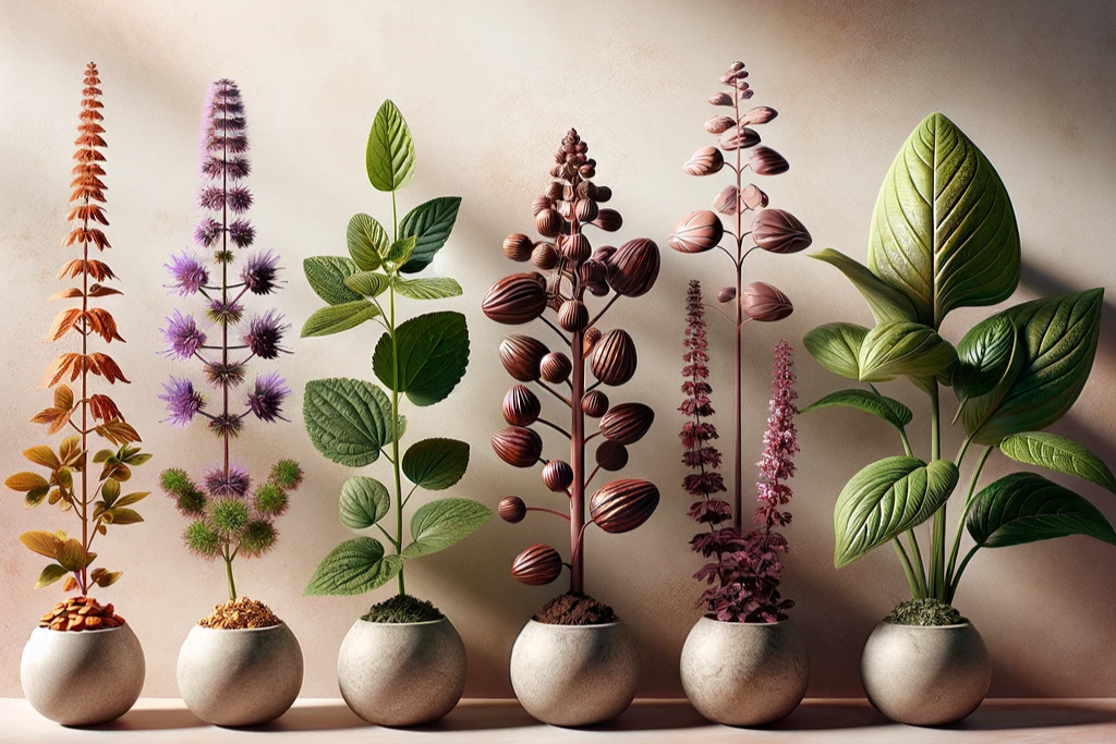 Six potted plants with varied foliage and colors, ranging from green leaves to purple and brown stems, displayed against a neutral wall