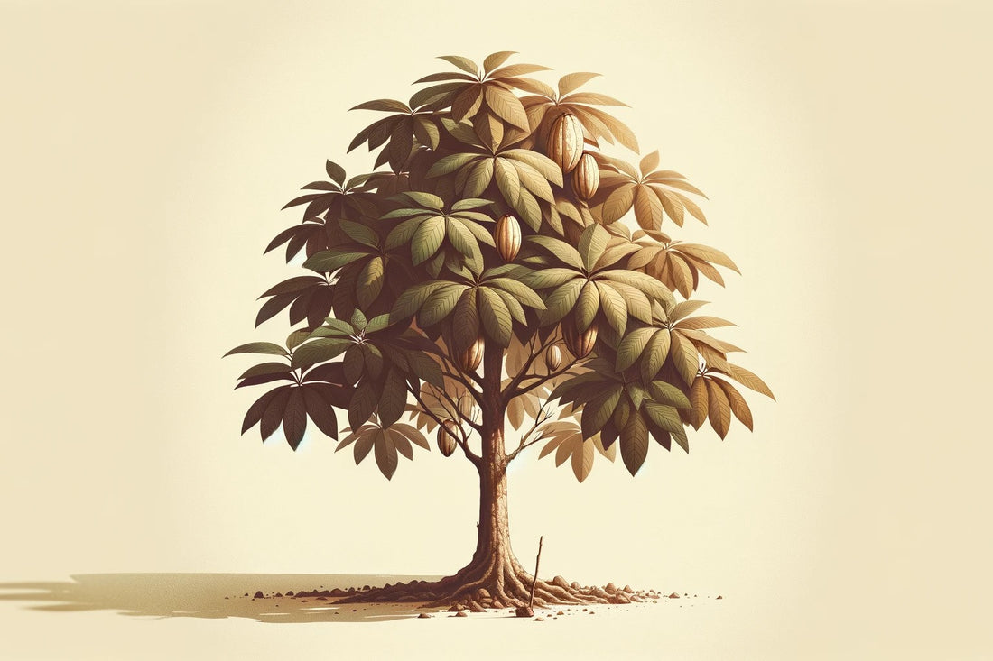 ration of a cacao tree with prominent cocoa pods among lush leaves