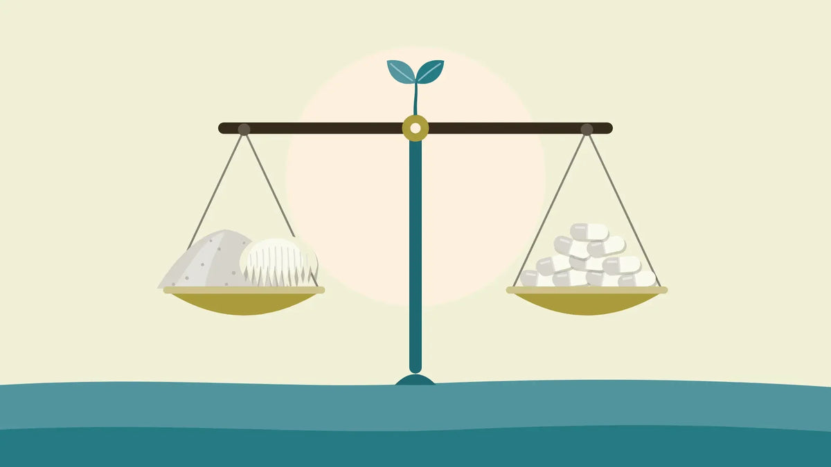 A balance scale with lion's mane powder and a lion's mane mushroom in one pan and a heap of cream capsules in the other
