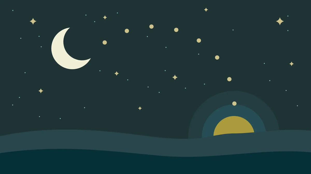 A dotted arc of stars curving from a crescent moon down to a gold sun rising in a pale glow behind dark hills