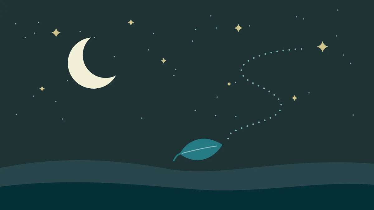 A teal leaf drifting down a dotted path through a starry night sky towards dark hills, under a crescent moon