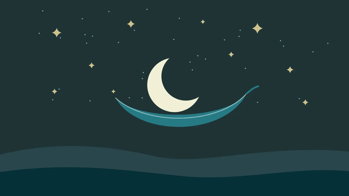 A crescent moon resting in a curled leaf under a starry night sky, above dark rolling hills
