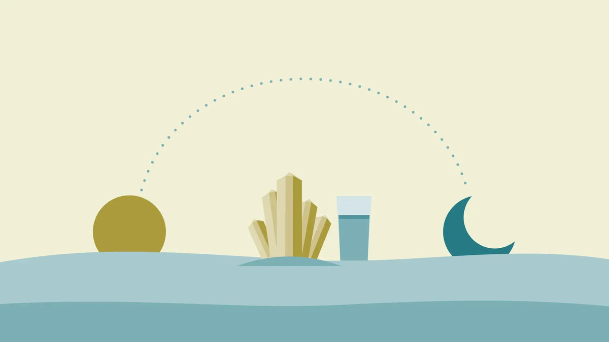 A dotted arc from a rising sun to a setting moon over hills, with magnesium crystals and a glass of water