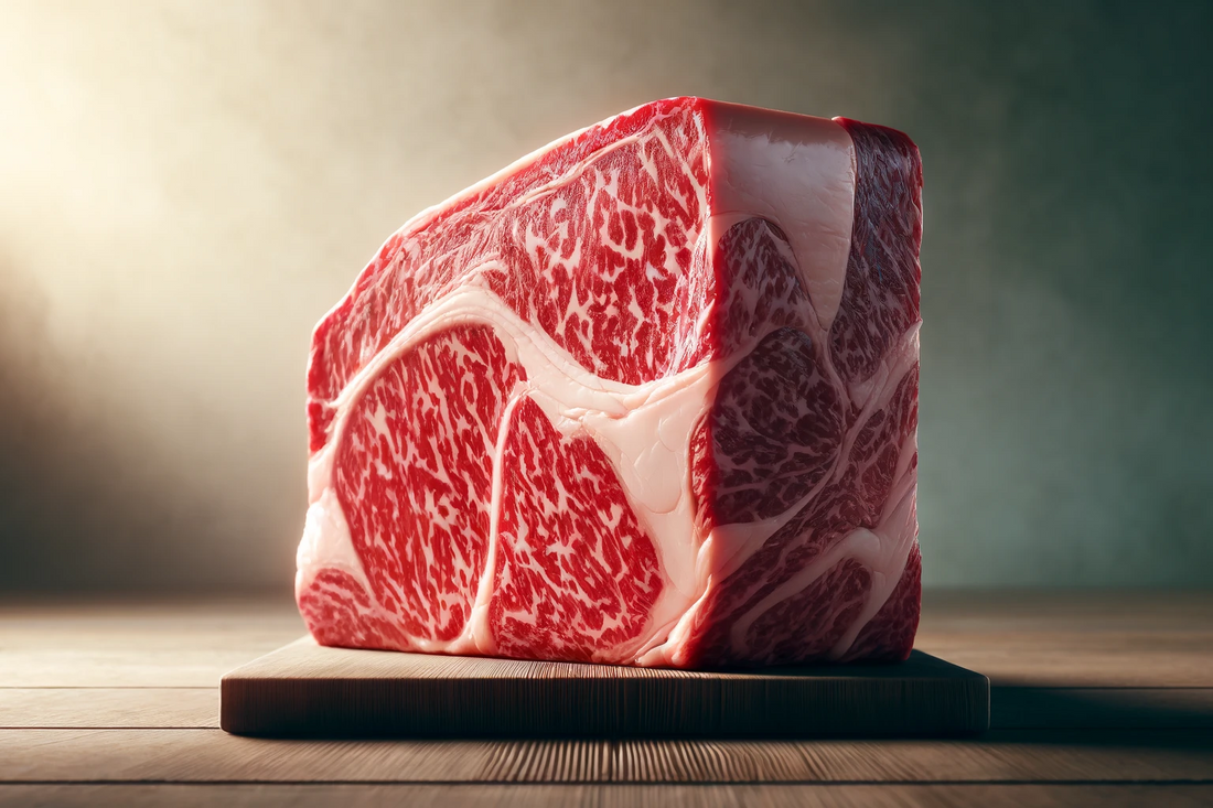 A thick, marbled cut of raw meat on a wooden cutting board, with intricate white fat marbling throughout the red meat, set against a softly lit background