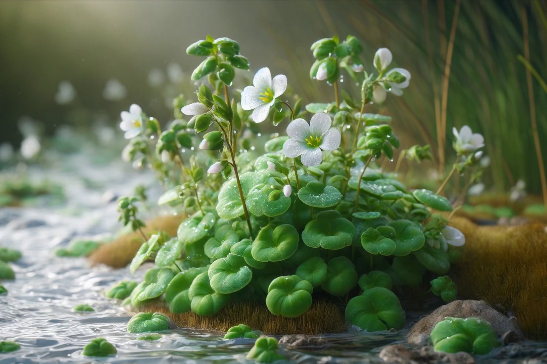 Bacopa Monnieri flourishing in its natural wetland habitat, with dew on its leaves and white flowers