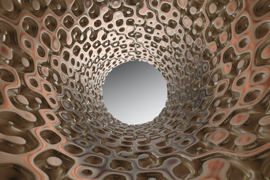 A tunnel-like structure with organic shapes and warm tones creating a sense of depth and complexity