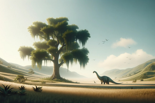 A lush, ancient tree providing shade to a dinosaur, evoking prehistoric times