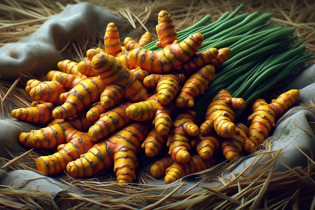 Fresh turmeric roots on a bed of straw, surrounded by green stalks