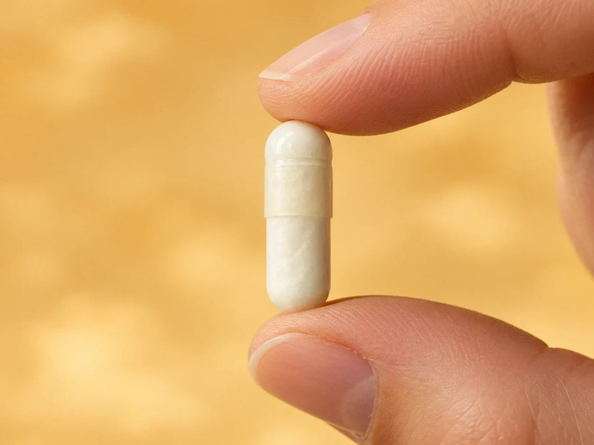 A Nooroots Triple Magnesium capsule held between two fingertips