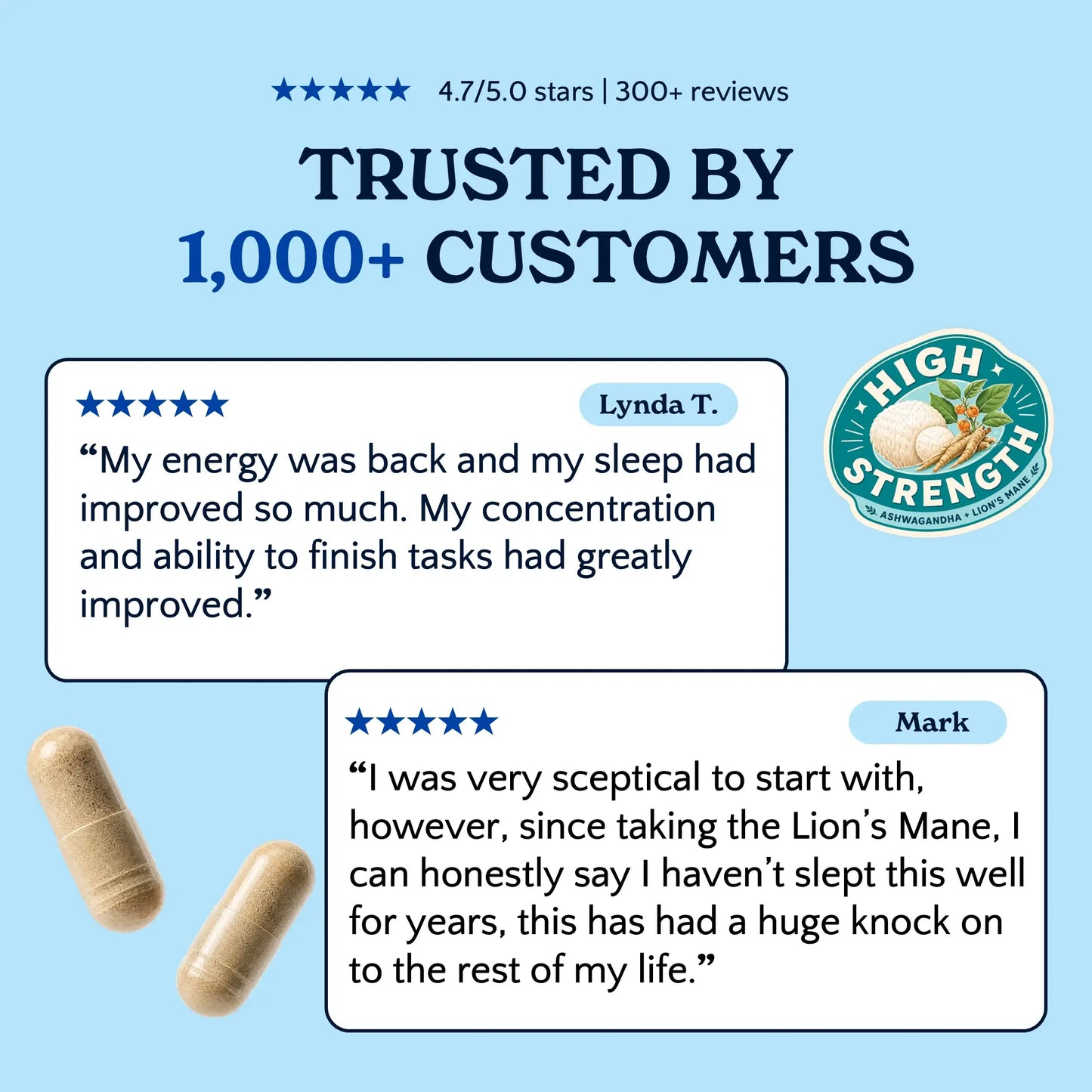 Customer review highlights for Nooroots Ashwagandha and Lion’s Mane capsules.