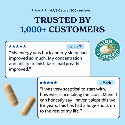Customer review highlights for Nooroots Ashwagandha and Lion’s Mane capsules.