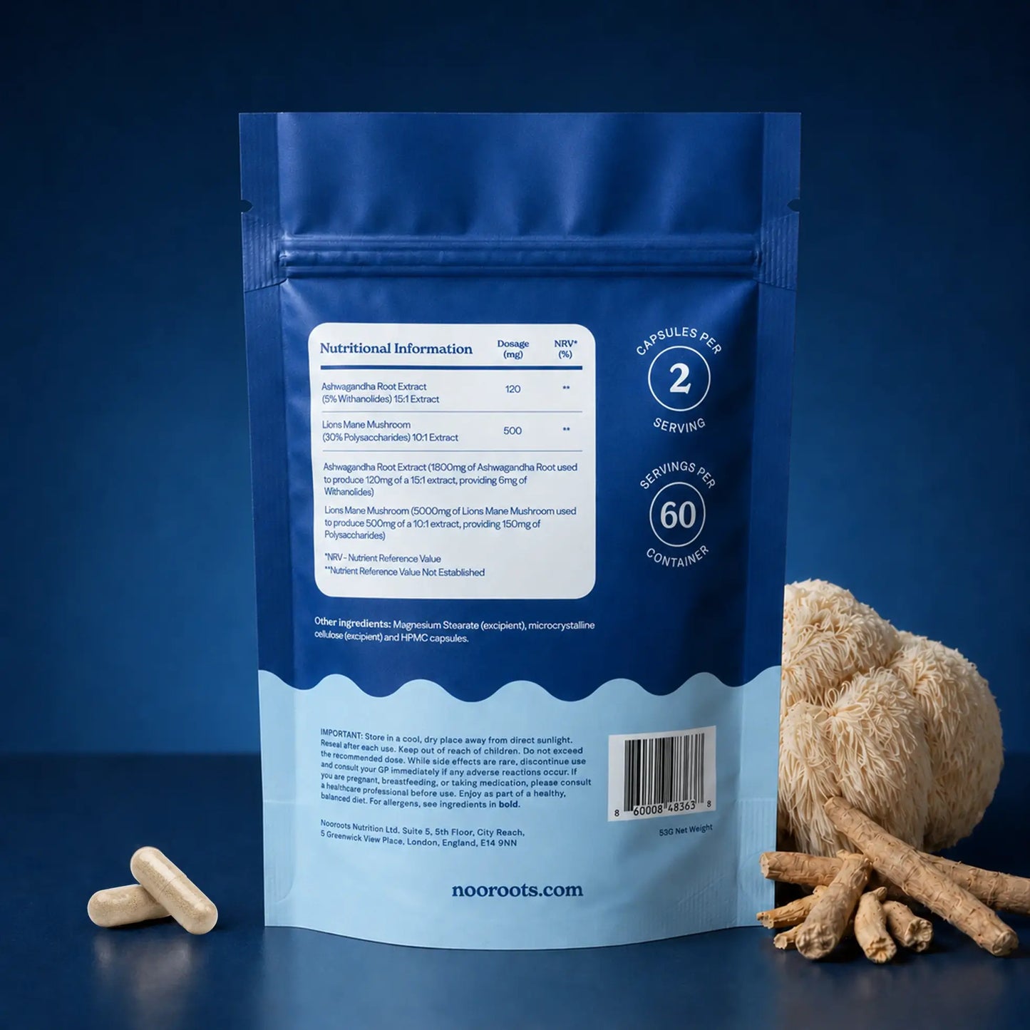 Back of Nooroots pouch showing nutritional information, dosage and ingredients.