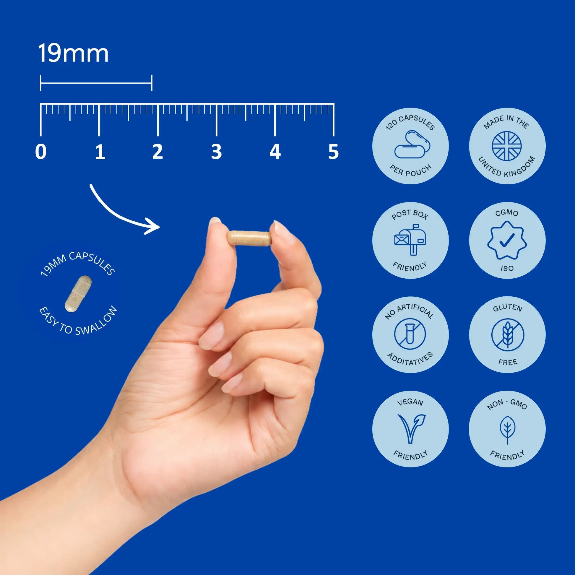 Hand holding a 19mm capsule beside product quality and dietary information.
