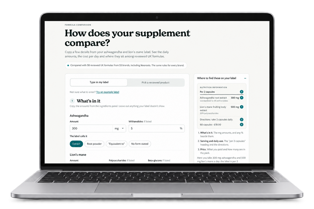 The Nooroots formula comparison tool on a laptop