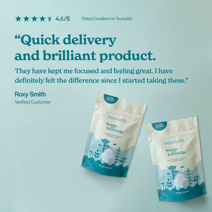 Two Learning & Memory pouches with a five-star customer review and a 4.6 Trustpilot rating