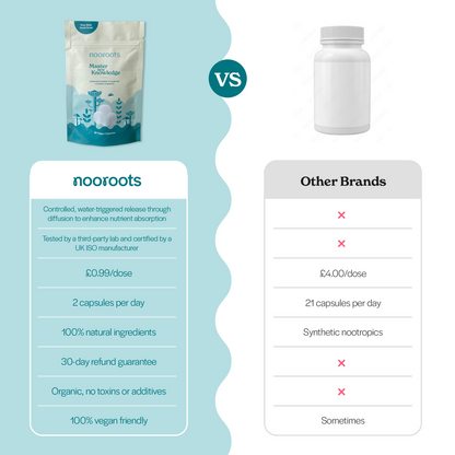Table comparing Nooroots Learning & Memory with other brands on price per dose, capsules a day and ingredients