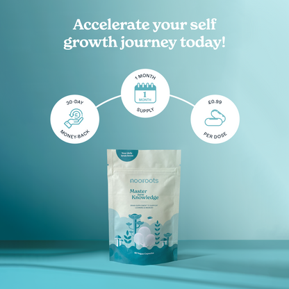 Learning & Memory pouch with a one-month supply, 30-day money-back guarantee and 99p per dose