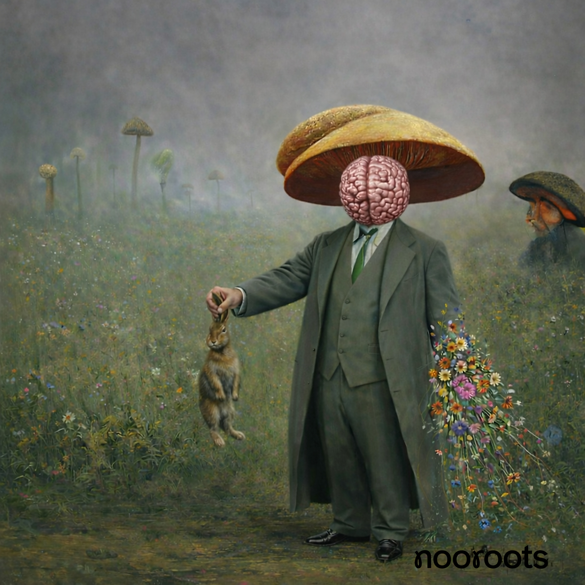 Surreal artwork of a suited man with a mushroom cap and exposed brain for a head, holding a rabbit and a bouquet in a misty meadow, with “nooroots” text.