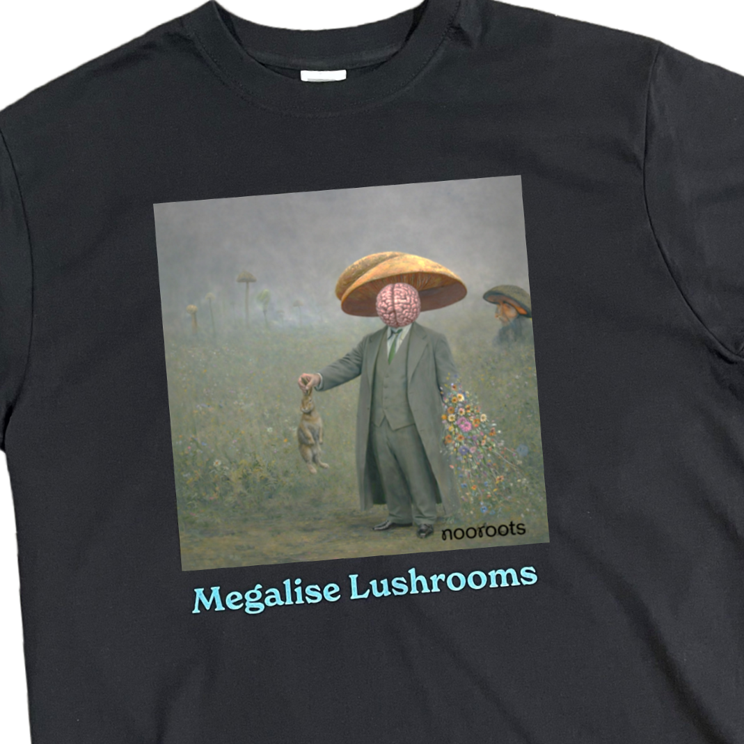 Close-up of black T-shirt print showing surreal mushroom-hatted figure with brain face and wildflower details, labeled “Megalise Lushrooms.”