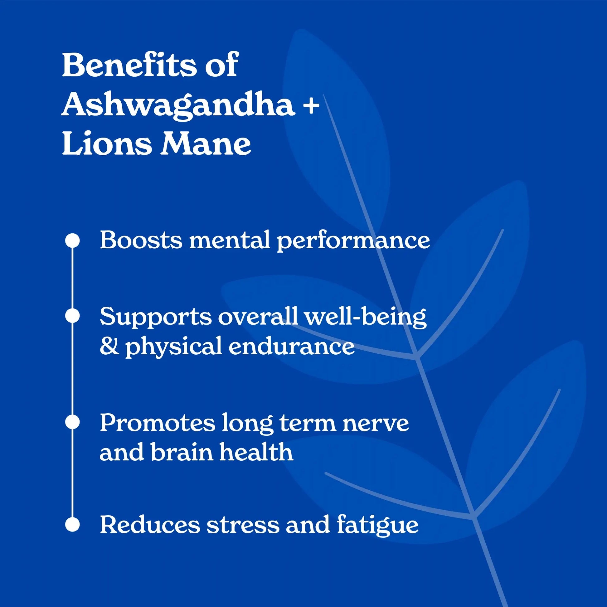 Text graphic listing benefits of Ashwagandha + Lion’s Mane on a blue leaf-themed background.