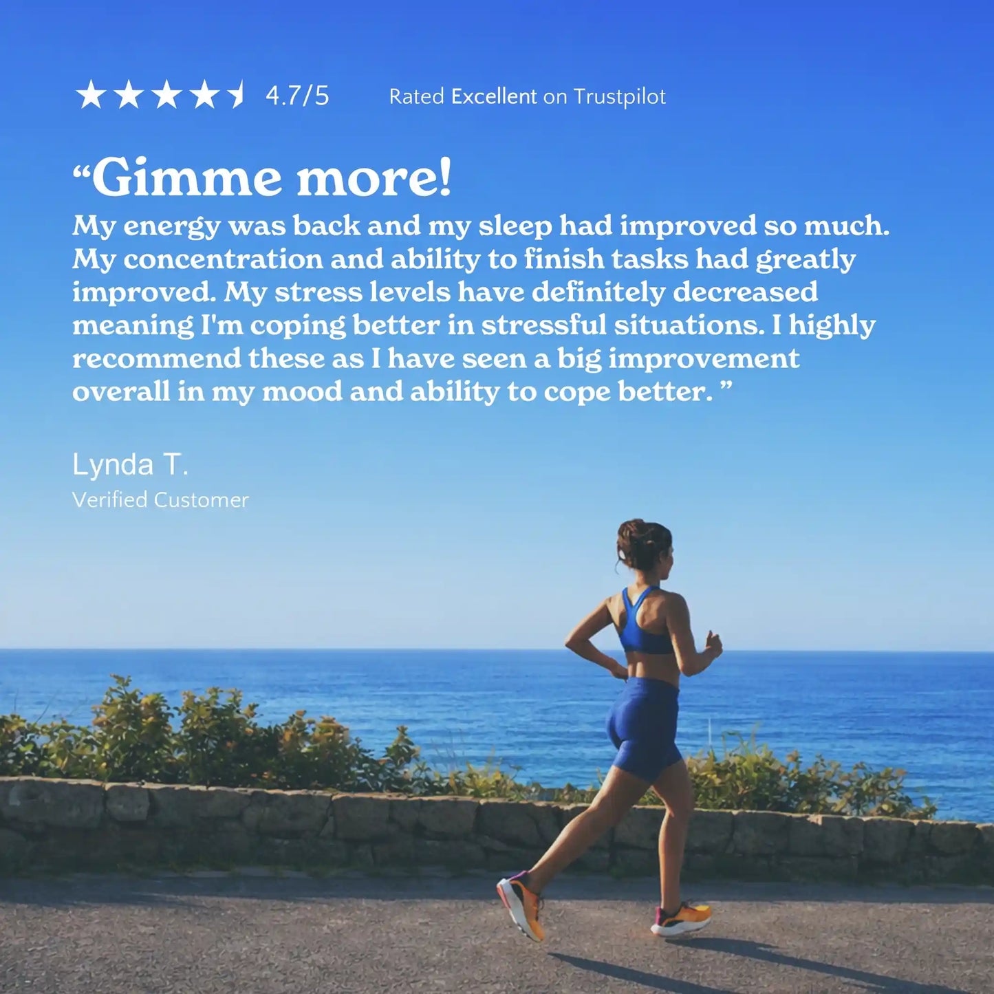 Woman running outdoors with a customer review about improved concentration overlaid on the image.