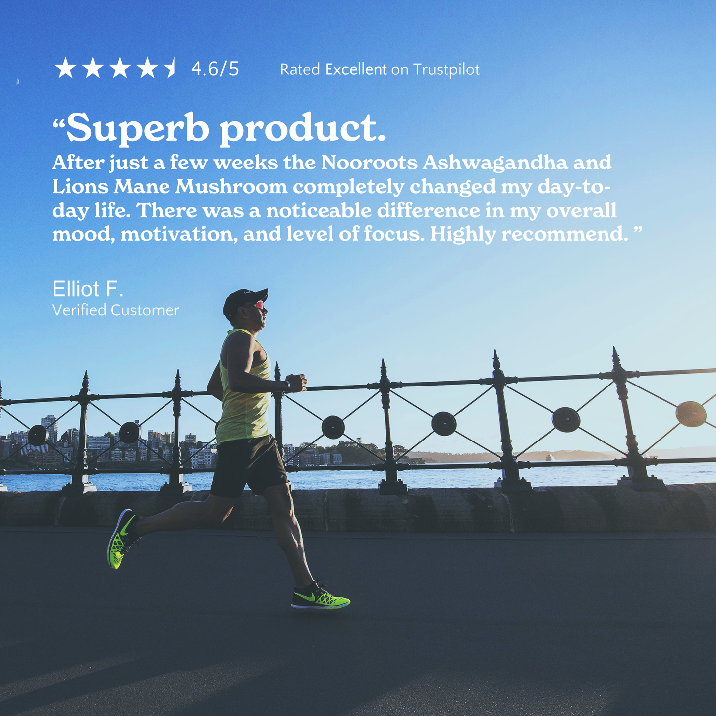 Man running outdoors with a customer review about improved concentration overlaid on the image.
