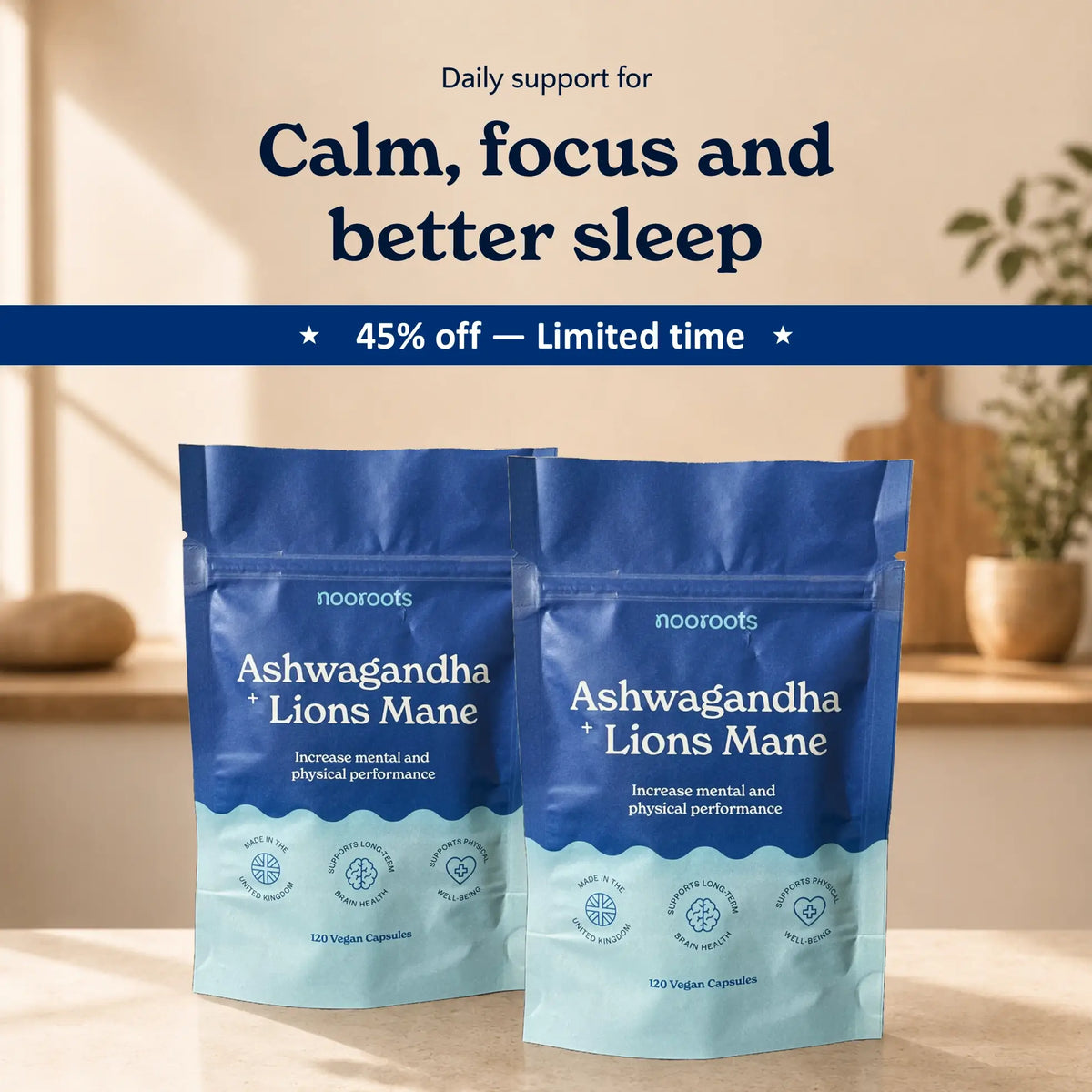 Ashwagandha & Lions Mane Mushroom - Nootropic Brain Supplement