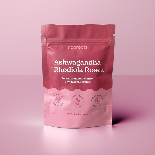 nooroots nootropic supplement ashwagandha and rhodiola rosea hero image