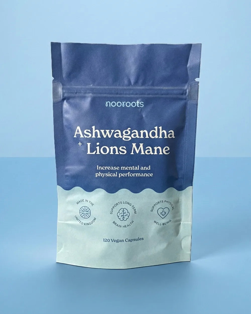 Ashwagandha & Lion's Mane pouch on a blue studio set