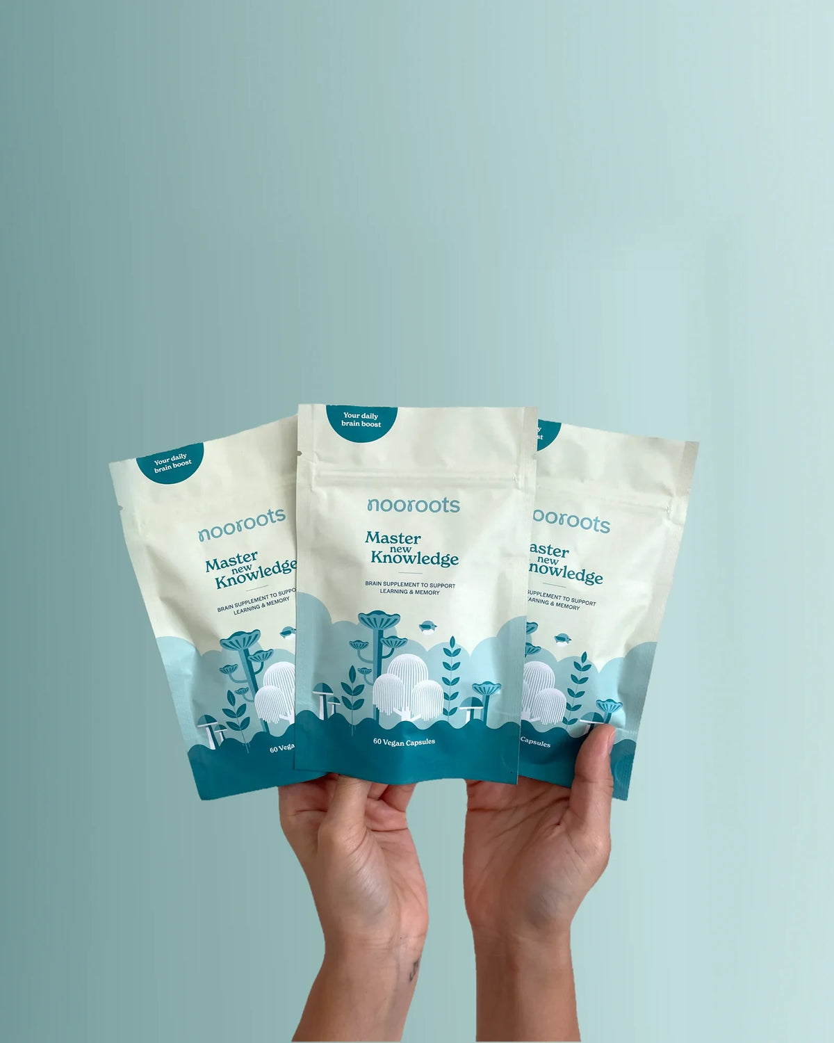 Three pouches of nooroots Learning & Memory held up in two hands
