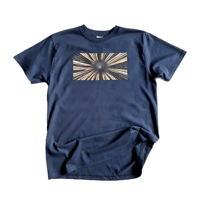 Navy T-shirt with a sunburst artwork print across the chest